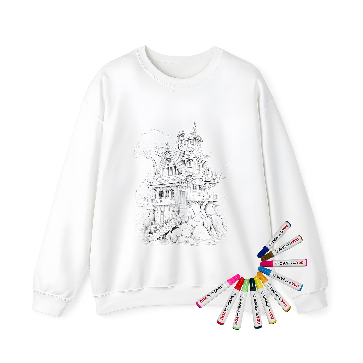 Adult sweatshirt featuring an intricate black-and-white illustration of a whimsical treehouse, house, cabin, or lodge-inspired design with winding stairs and detailed architectural elements.