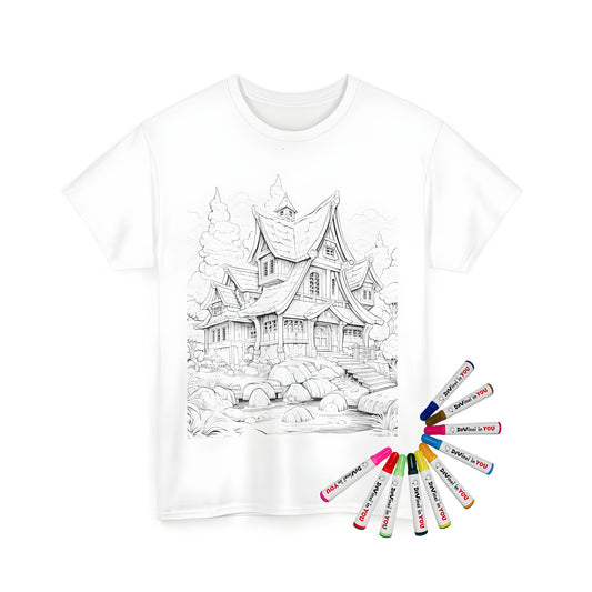 Whimsical unisex t-shirt featuring an enchanting cottage scene with a stream, rocks, and trees. Artistic black and white illustration.