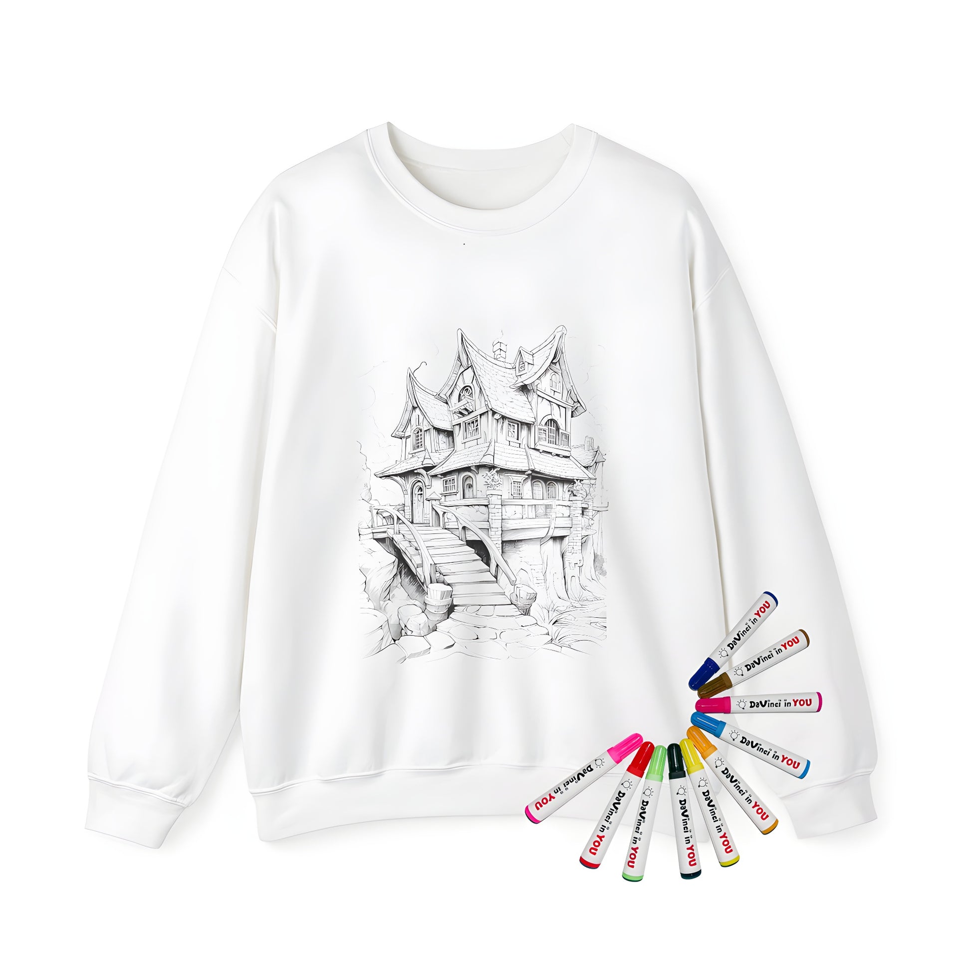 Adult sweatshirt featuring a detailed fantasy castle scene with a bridge, towers, and a rugged landscape. High-quality print on comfortable fabric.