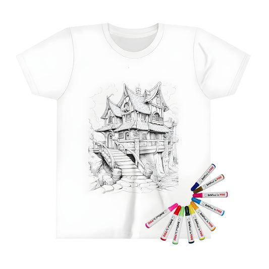 Coloring kit for kid's t-shirt featuring a detailed drawing of an enchanted castle, fantasy mansion, or whimsical house with intricate architectural features and a rocky terrain