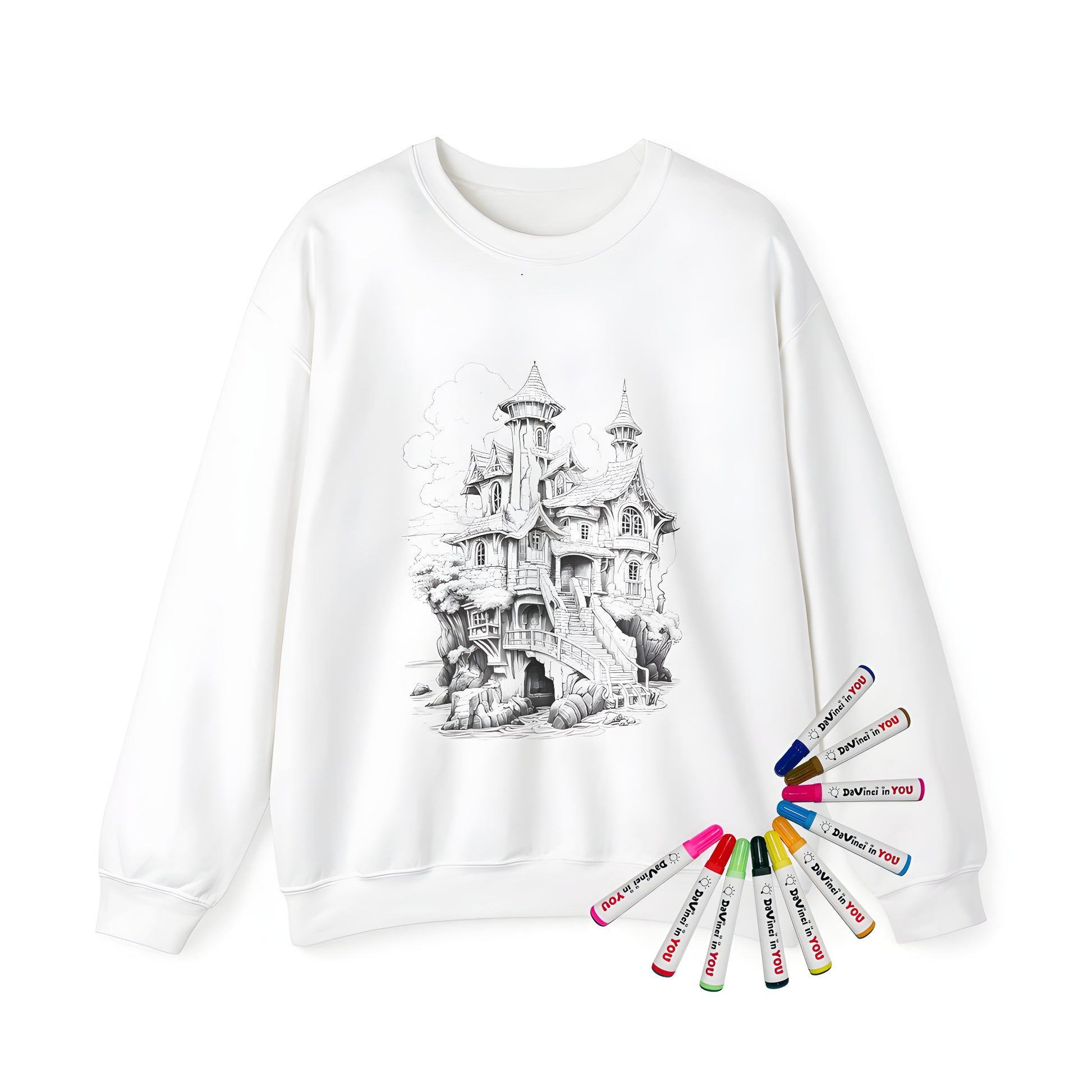 Adult sweatshirt with whimsical fairy tale castle design featuring turrets, trees, and fluffy clouds