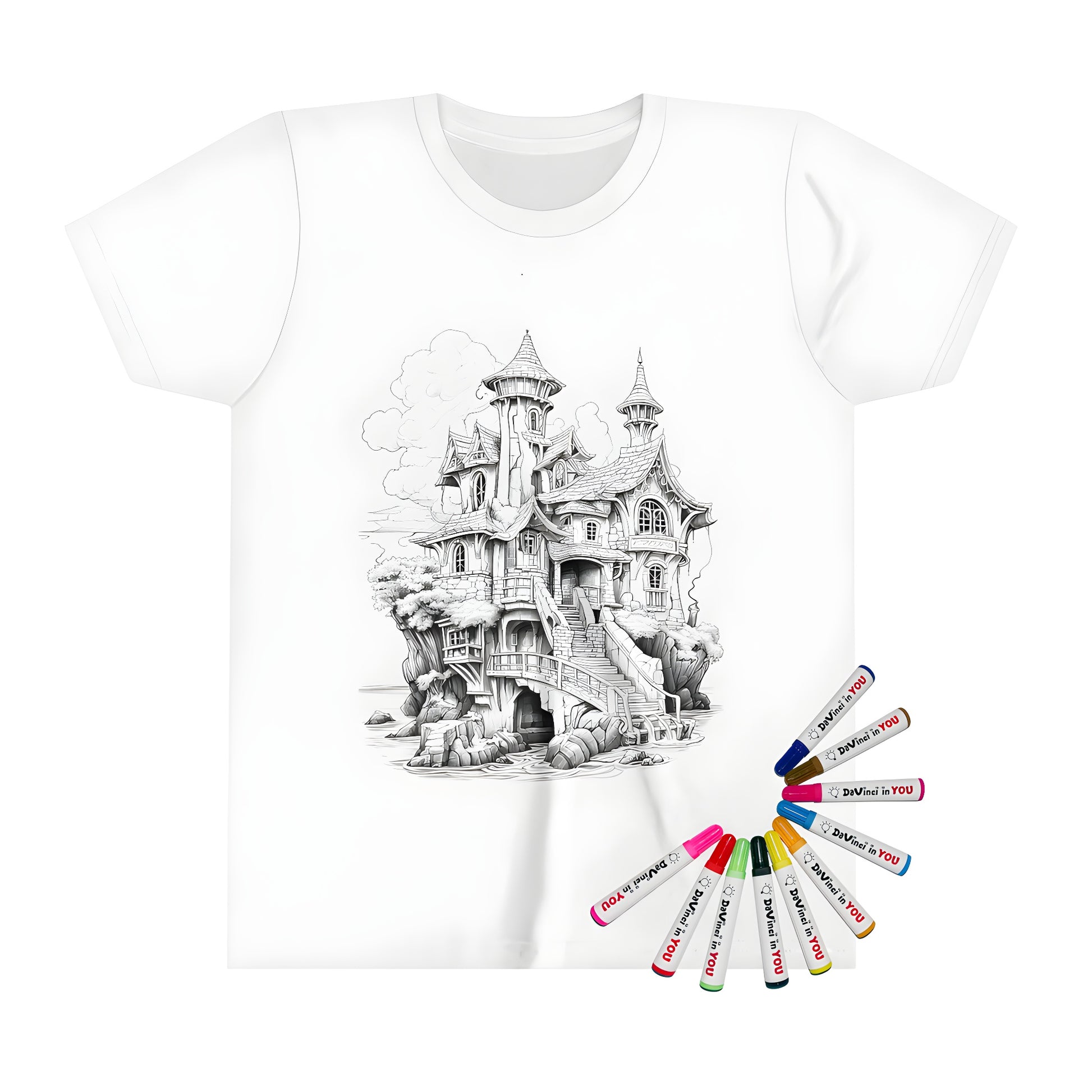 Whimsical fantasy castle coloring page design on kid's t-shirt