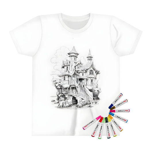 Whimsical fantasy castle coloring page design on kid's t-shirt