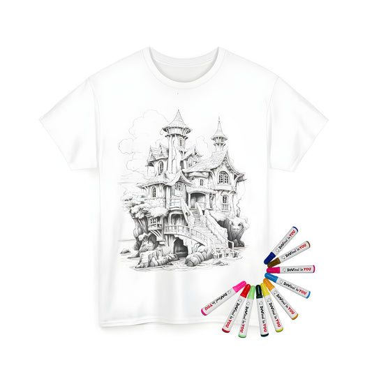 A whimsical Unisex T-shirt featuring an enchanting fantasy castle design with turrets, trees, and clouds printed on high-quality fabric.