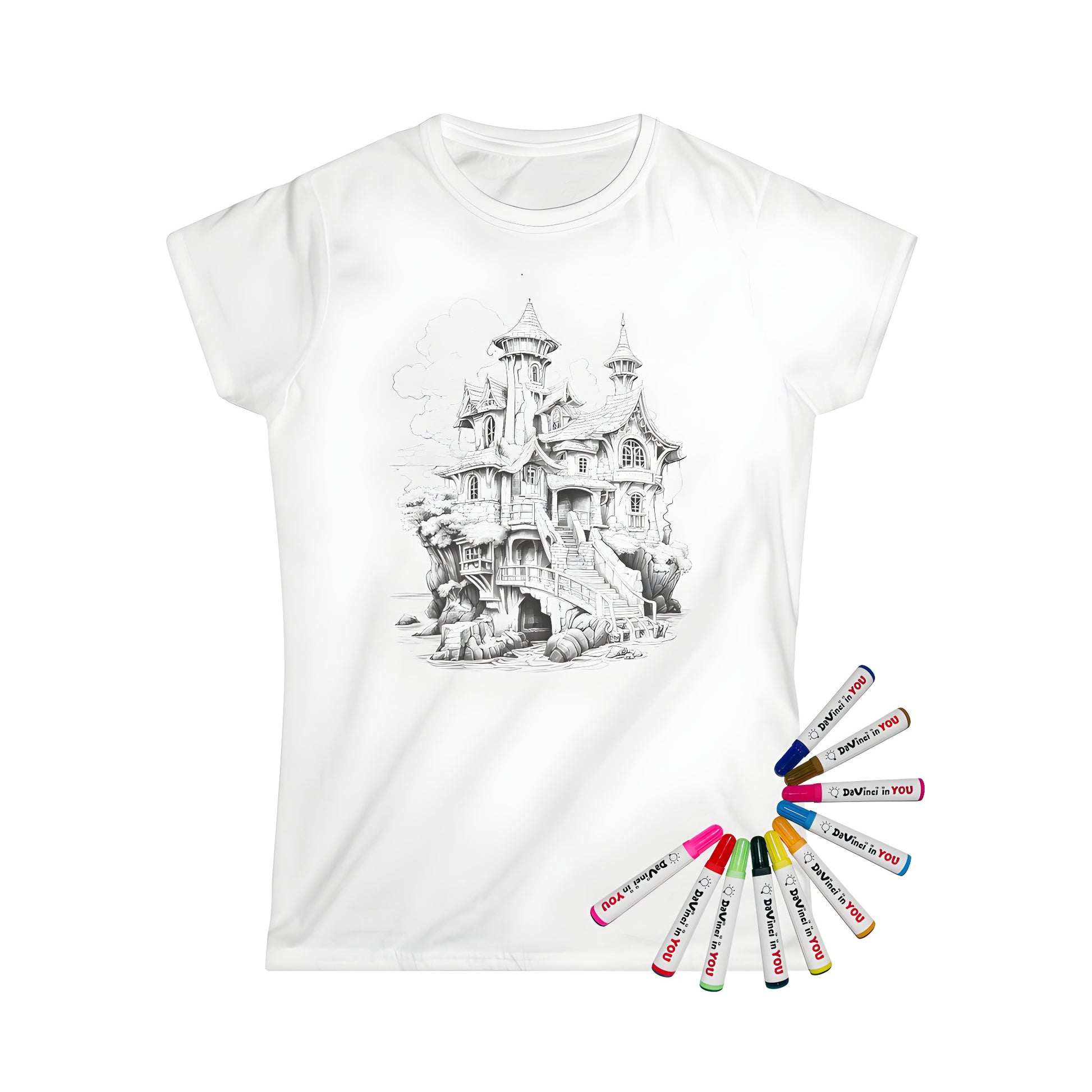 Women's T-shirt featuring a whimsical fantasy castle illustration