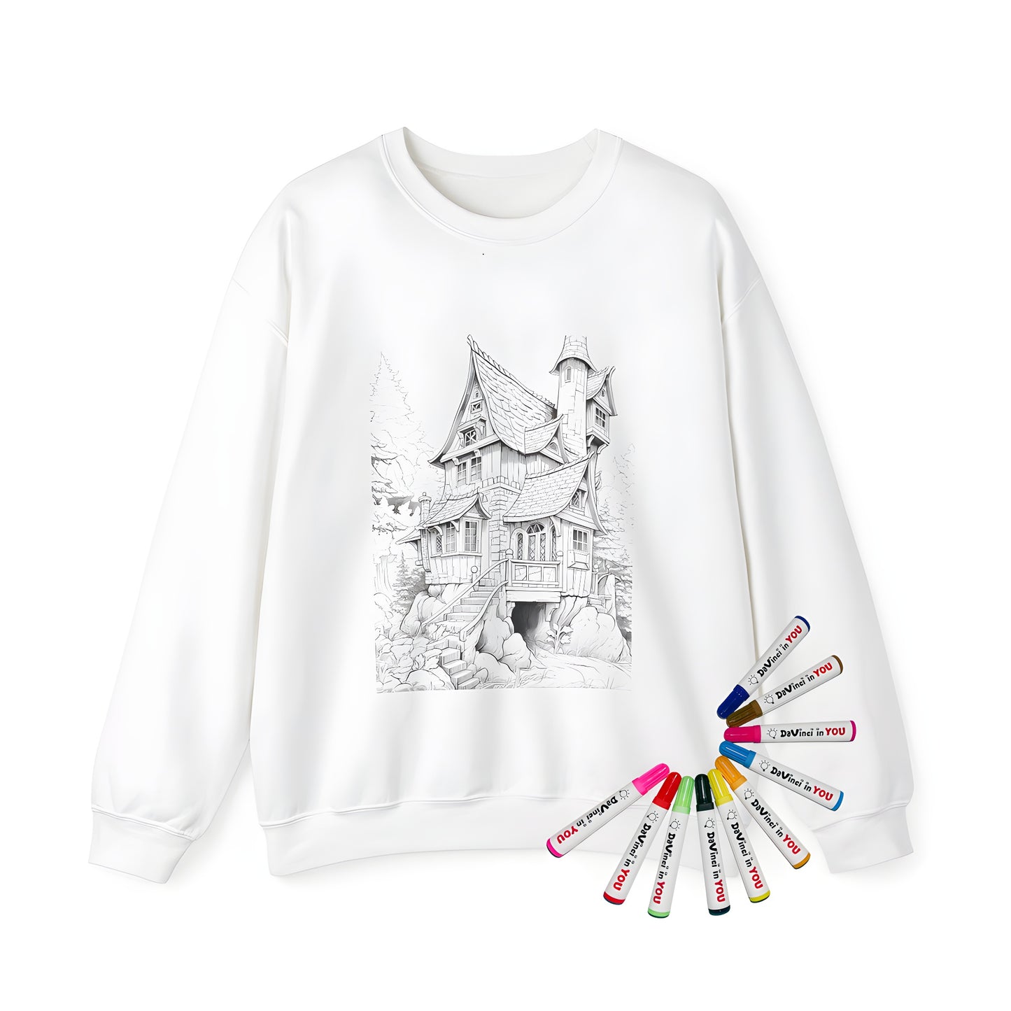 Adult sweatshirt featuring whimsical fantasy cottage illustration on black background