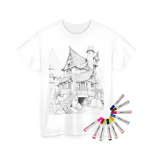 Coloring kit for unisex t-shirt featuring a whimsical fantasy cottage design, surrounded by detailed forest trees and rocks, perfect for creative expression