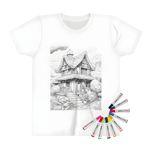 Kid's colorful t-shirt featuring an enchanting fairytale cottage scene, complete with intricate details of a staircase, surrounded by lush greenery and vibrant flowers. Perfect for kids who love art and adventure!