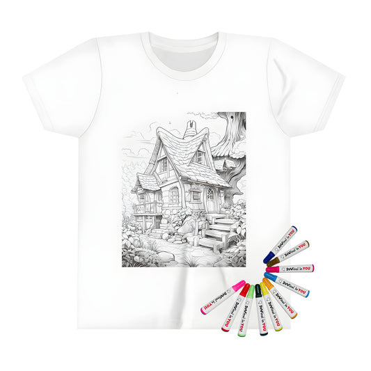 Kid's t-shirt featuring a whimsical fairytale cottage scene with lush vegetation and colorful markers