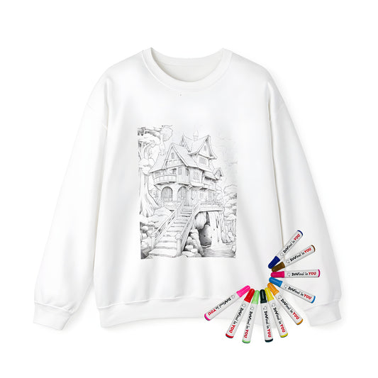 Whimsical illustration sweatshirt featuring a fantasy fairy tale castle, waterfall, and trees