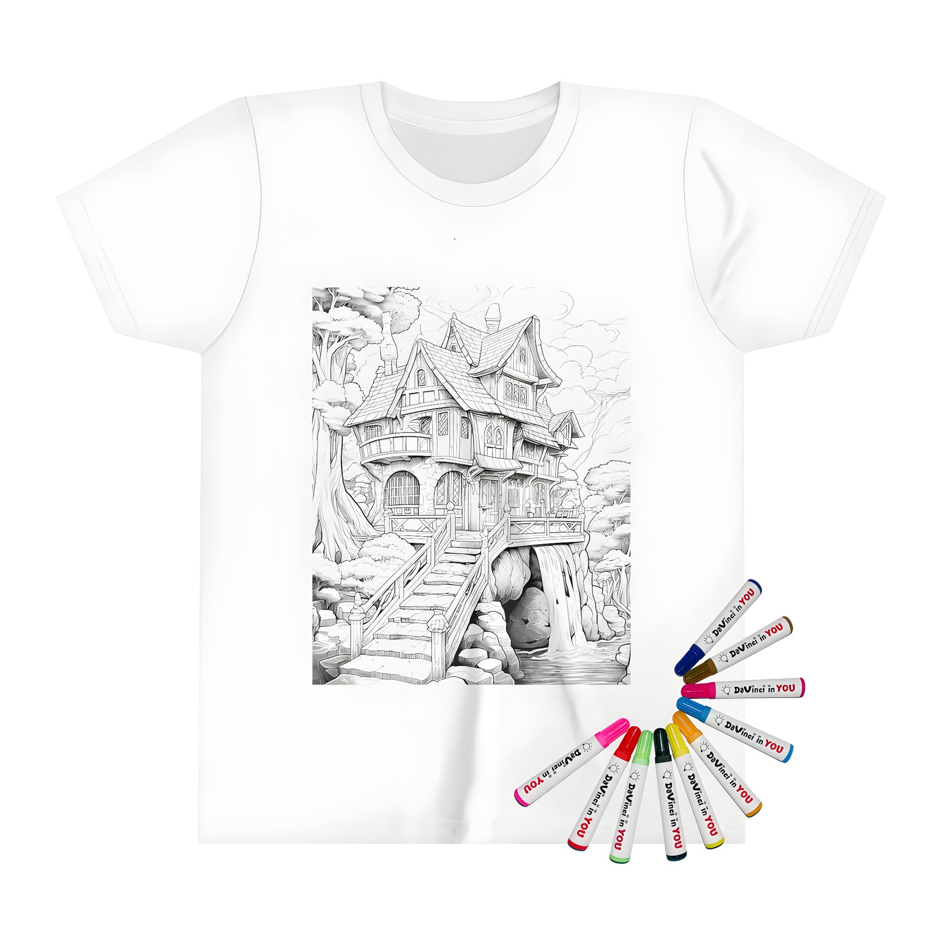 Whimsical castle clothing for kids with detailed black and white illustration of fairytale house on t-shirt