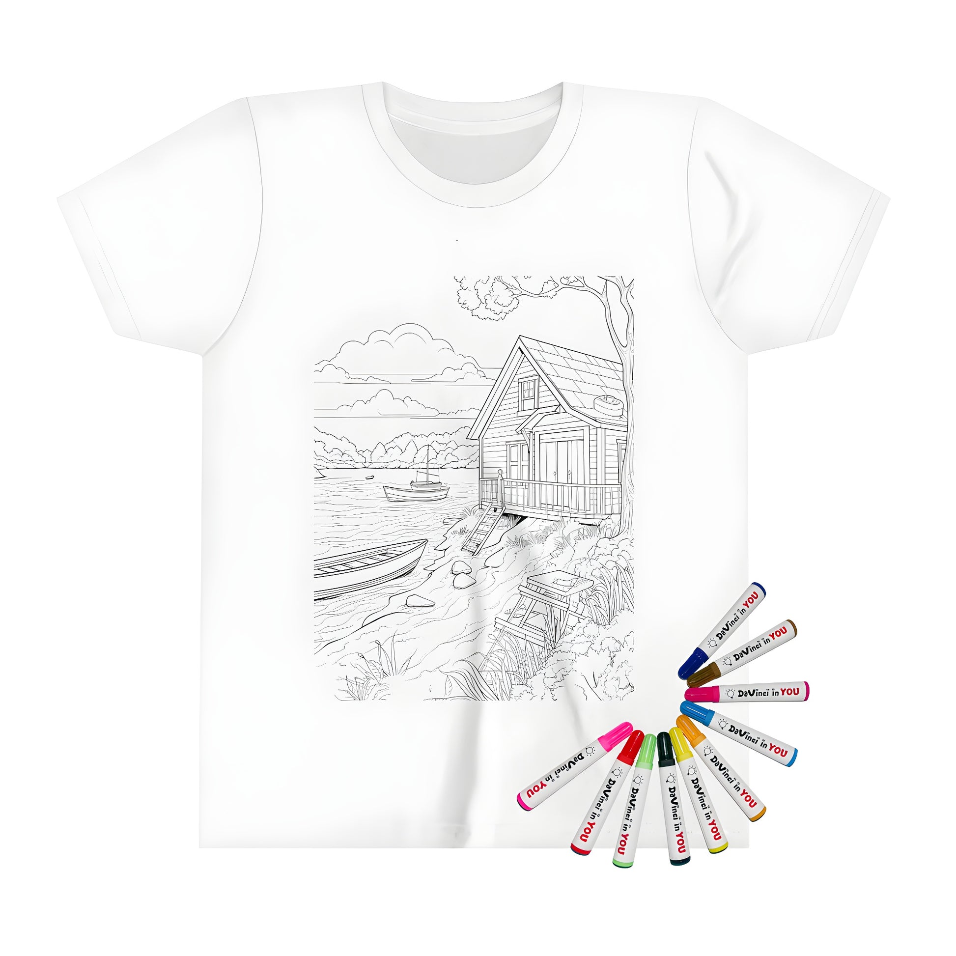 A vibrant kid's t-shirt featuring a lake house scene with boats docked by the shore, surrounded by trees and nature. Perfect for kids who love coloring!