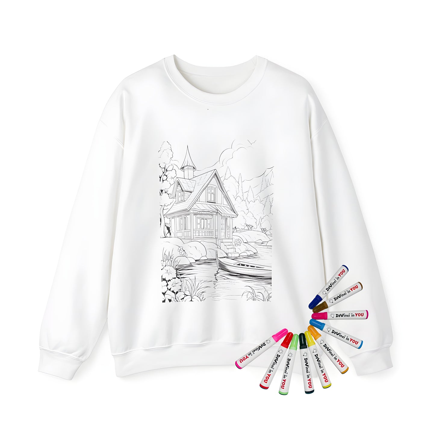 Adult sweatshirt featuring a cottage by the lake illustration