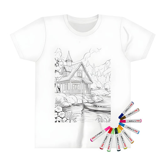 Kid's t-shirt with cottage by lake illustration, perfect for kids who love arts and crafts