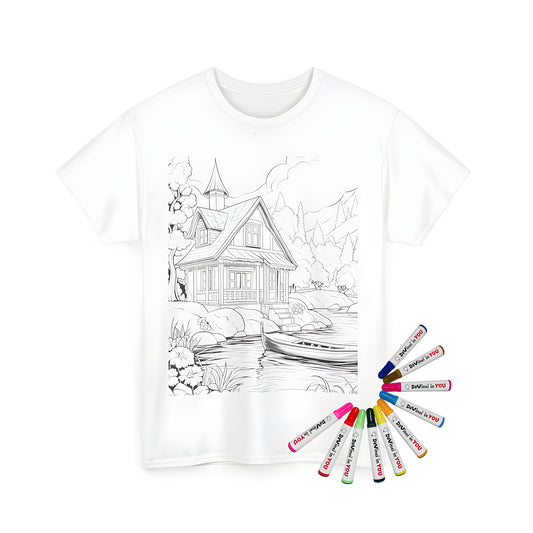 Unisex t-shirt featuring a colorful cottage by a lake design