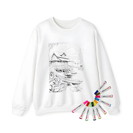 Coloring inspired Adult sweatshirt featuring a serene lakeside cottage scenery with a boat on the shore