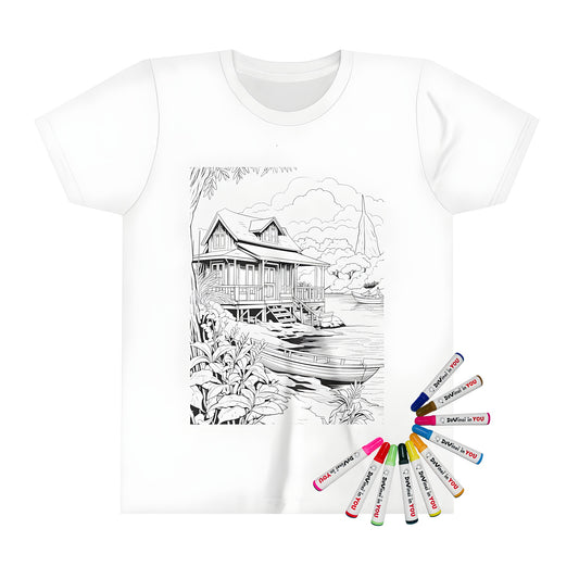 Cozy lakeside cabin t-shirt for kids, featuring a charming lakeside cottage illustration, perfect for little ones who love nature and adventure. Includes 10 vibrant fabric markers.