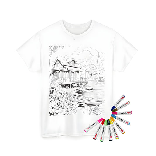 A detailed illustration of a serene lakeside retreat surrounded by nature, with a boat on shore, printed on high-quality unisex t-shirts, featuring vibrant fabric markers for adults and kids to color, perfect for relaxation and creative expression.