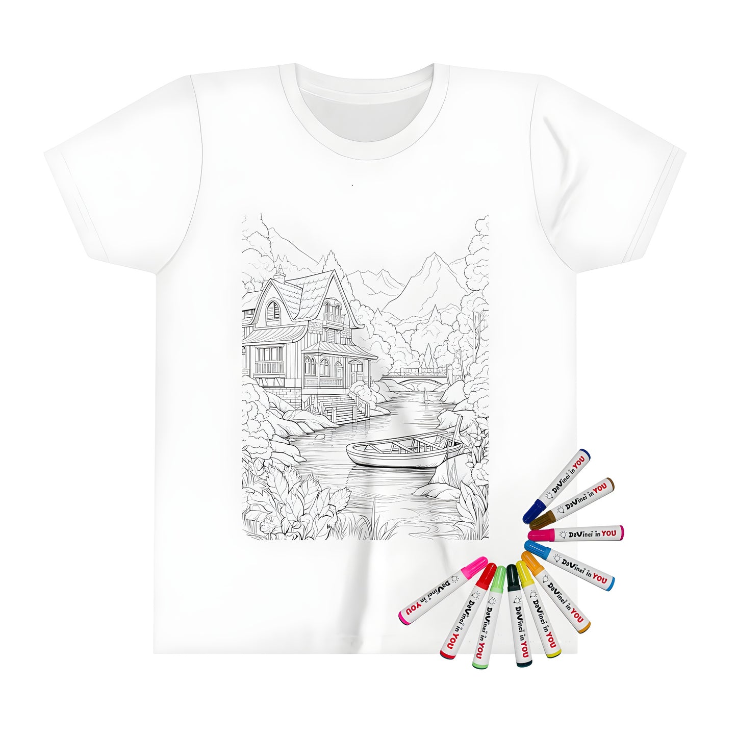 Kid's countryside house coloring page t-shirt featuring a river scene with a boat, surrounded by nature and trees