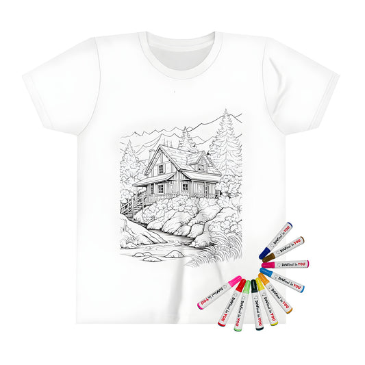 Kid's T-shirt with colorful cabin in nature design, featuring a detailed illustration of a log cabin nestled in a forested area with a stream and mountains in the background.