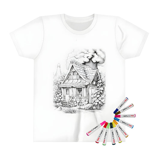 Whimsical cottage kid's t-shirt featuring a fairytale-inspired design with a tree growing through it, surrounded by colorful plants and fabric markers