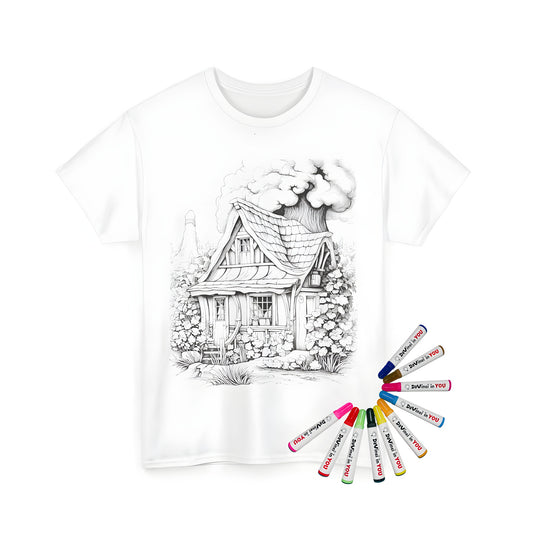 Whimsical cottage t-shirt design featuring a fairytale-inspired illustration of a cottage surrounded by plants and a tree