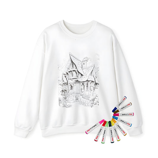 Adult sweatshirt with whimsical cottage design, intricate fantasy illustration, unique architecture, stone path, and surrounding flora. A perfect gift for coloring enthusiasts and fans of fantasy art.