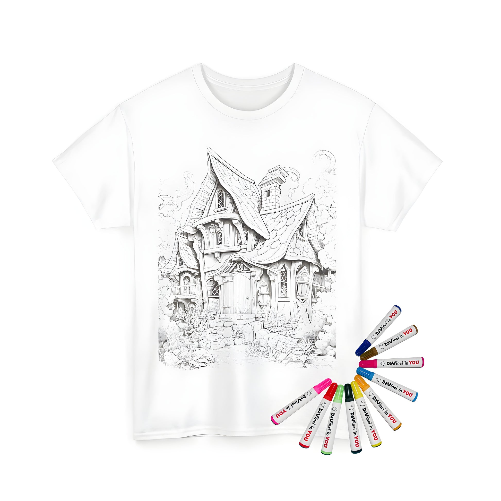 Whimsical cottage-themed unisex t-shirt with intricate details and vibrant colors