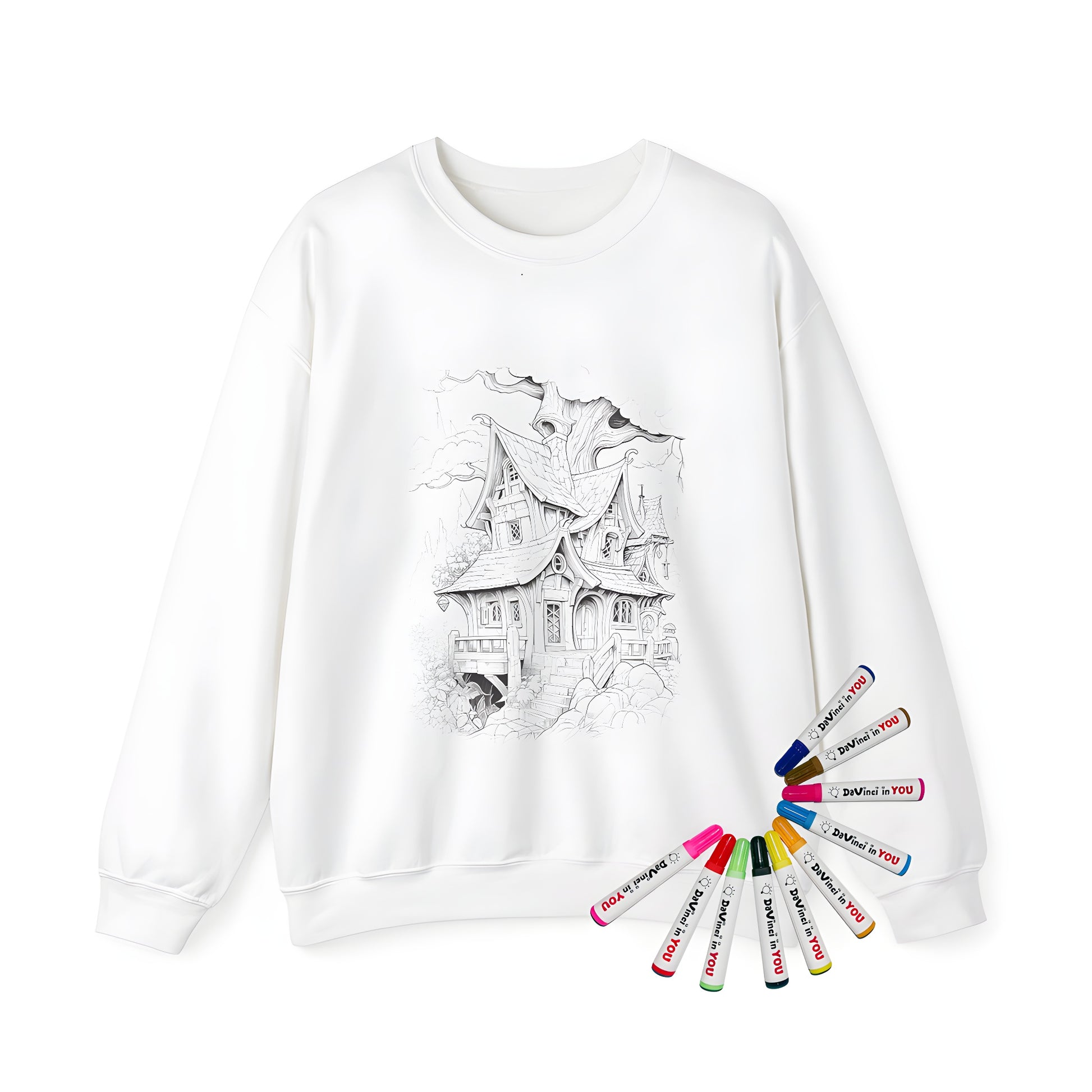 Whimsical treehouse adult sweatshirt with intricate details and colorful design