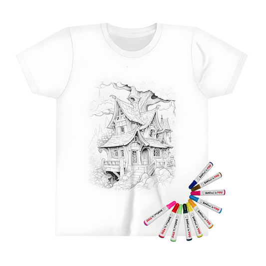 Kids t-shirt with whimsical treehouse design, featuring intricate architecture