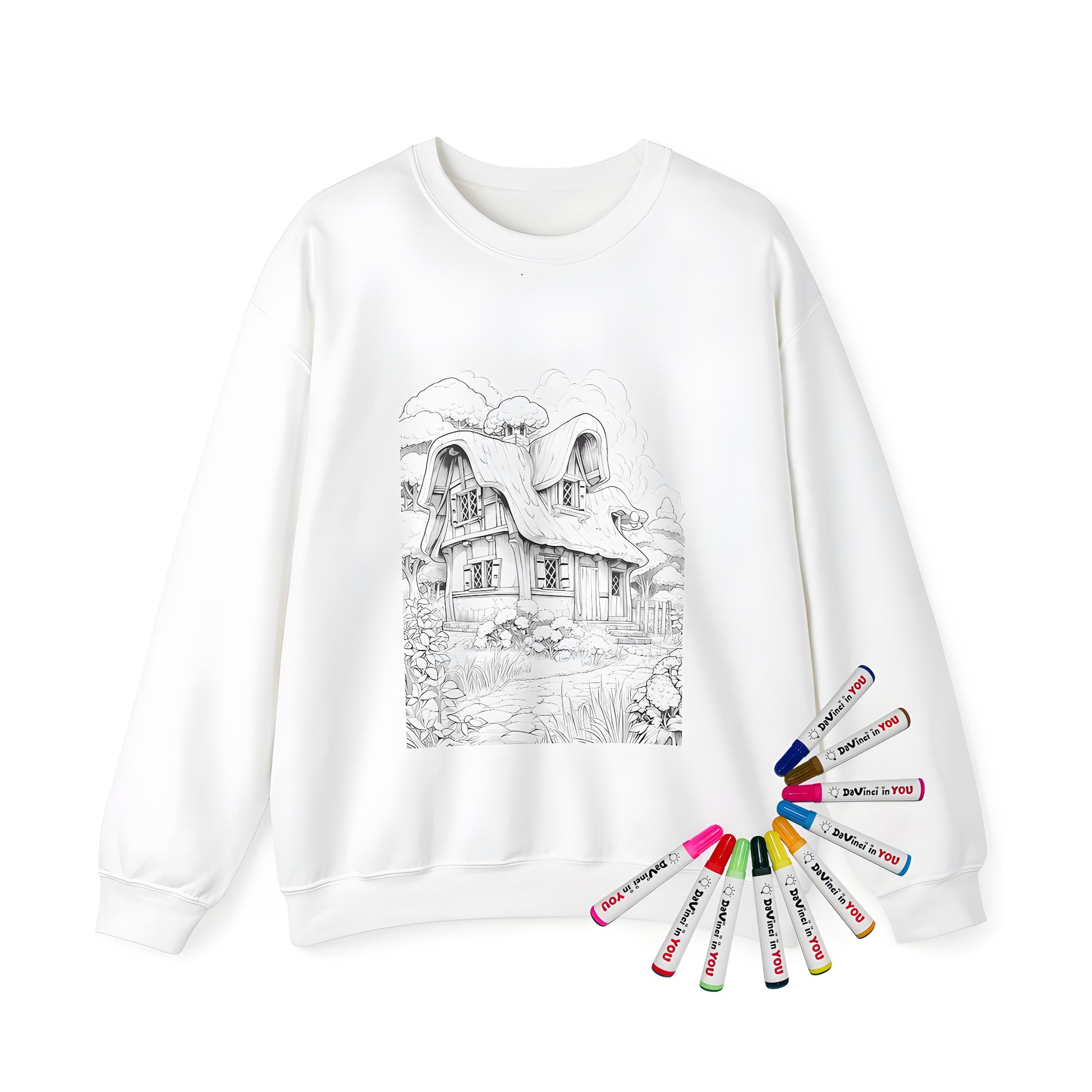 Adult sweatshirt with whimsical fairy-tale cottage design featuring lush garden, trees, and stone pathway, perfect for coloring enthusiasts