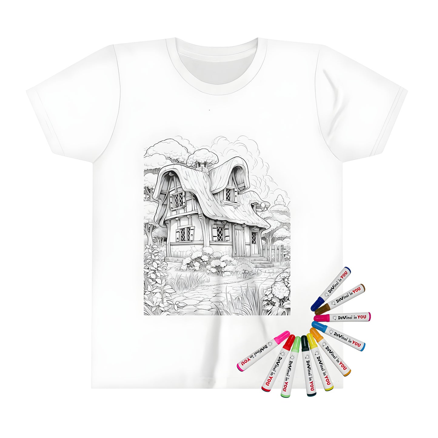 Child-friendly coloring kit featuring a colorful fairy-tale cottage illustration on a kids' t-shirt