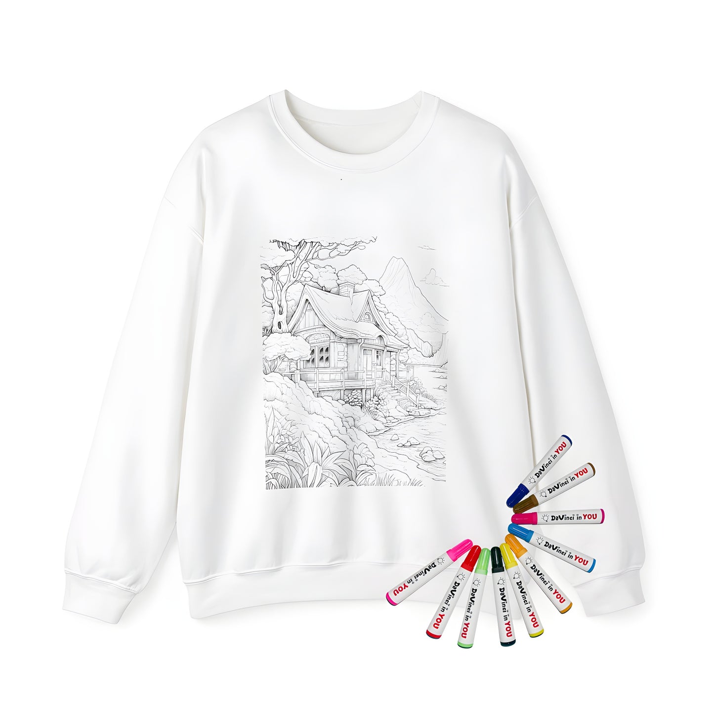 Adult sweatshirt with whimsical nature scene illustration of cabin by river, surrounded by trees and mountains, designed with detailed black and white artwork