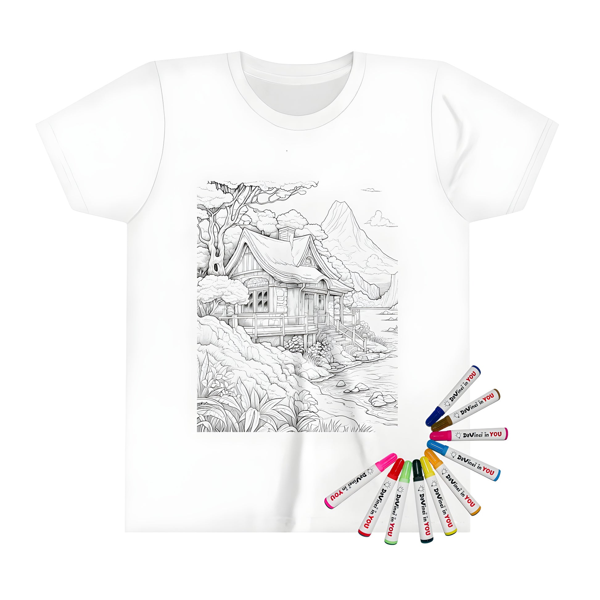 Kid's t-shirt featuring a Detailed black and white illustration of a rustic cabin by a river, set among trees and mountains