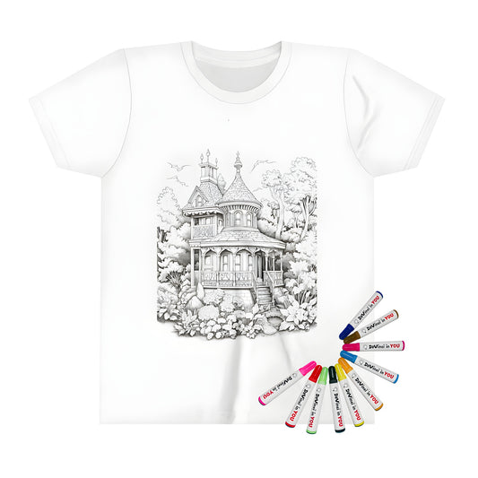 Coloring page inspired kid's t-shirt with intricate black and white drawing of a classic mansion surrounded by trees, plants, and birds