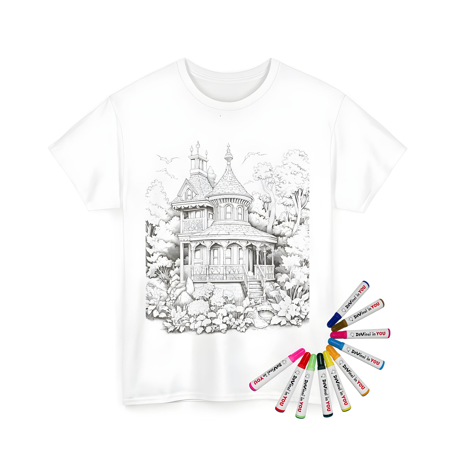 Unisex t-shirt featuring an intricate black and white drawing of a Queen Anne house surrounded by lush greenery, trees, and birds in flight