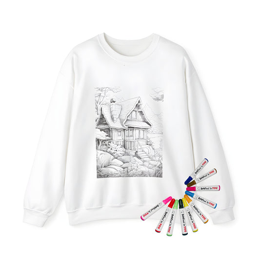 Cozy adult sweatshirt featuring a detailed black-and-white cottage scene with chimney, surrounded by trees, plants, and mountains. Perfect for relaxation.