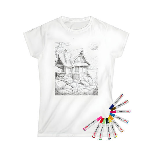 A detailed black-and-white cottage house illustration on a women's t-shirt