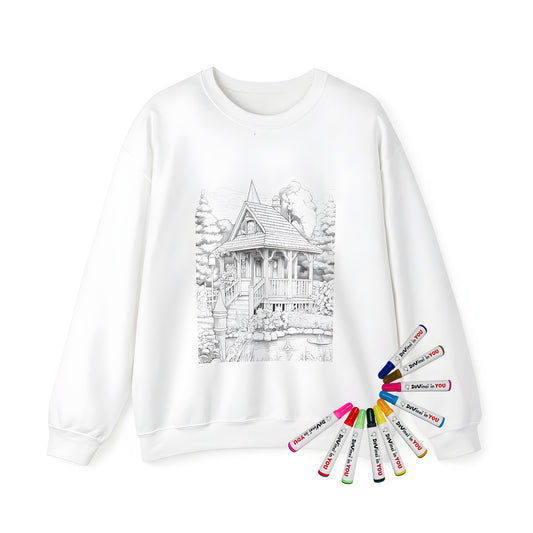 Adult Sweatshirt featuring a whimsical cottage scene with a pond, trees, and colorful bushes