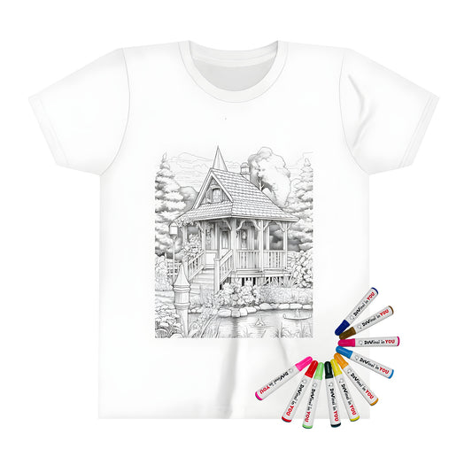 Kid's t-shirt with a colorful cottage village scene featuring a charming little house, pond, trees, and flowers