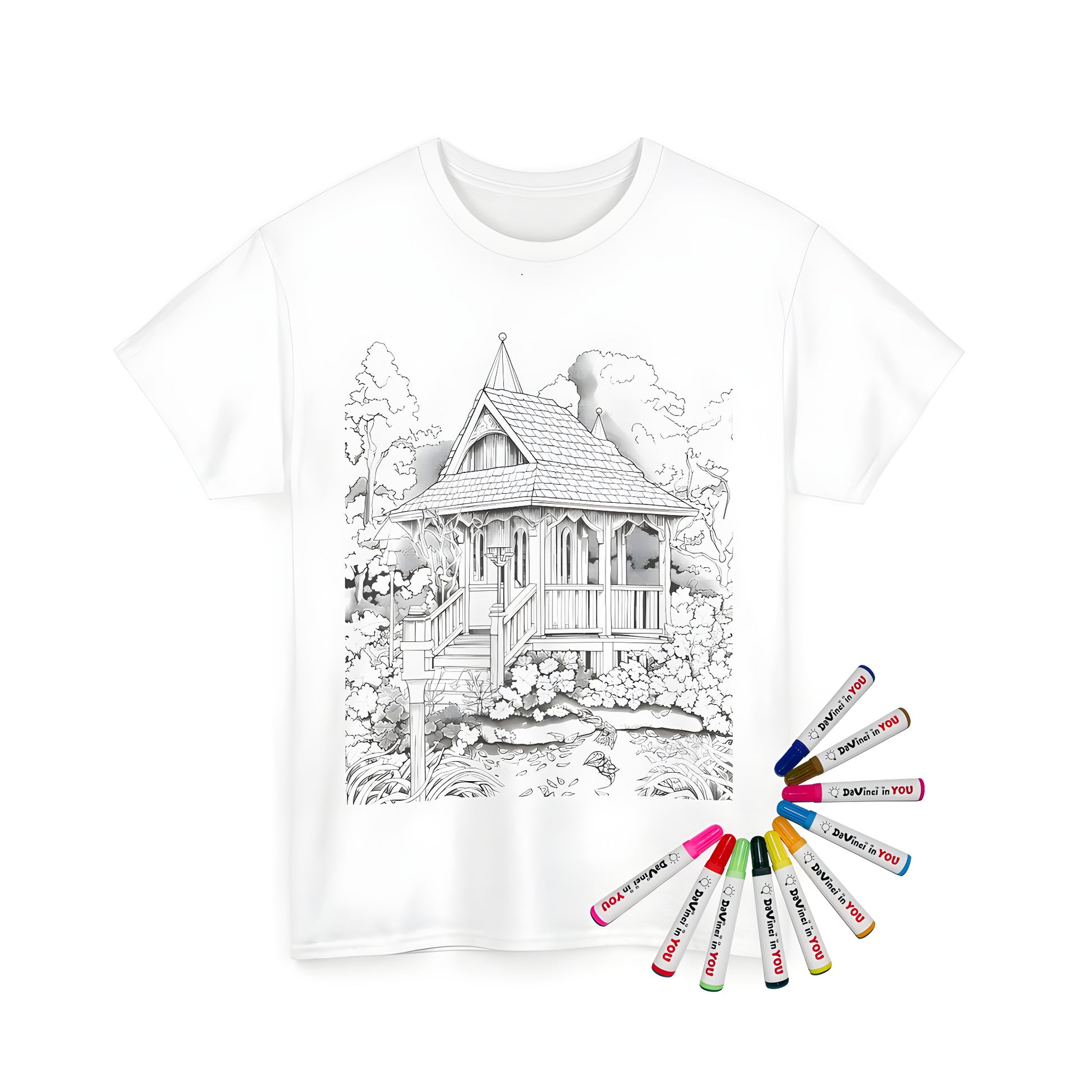 Vibrant Unisex T-shirt featuring a whimsical garden house illustration with trees and flowers