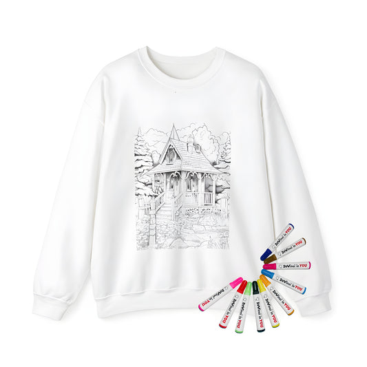 Adult sweatshirt featuring a detailed black and white drawing of a forest cottage with garden, trees, and pathway. Also known as country cabin, woodsman's hut, or chalet design.