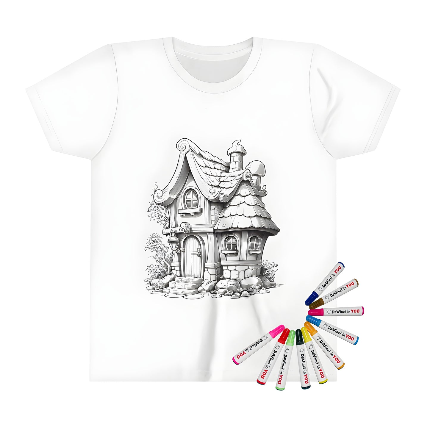 Whimsical kid's t-shirt with vibrant fairytale cottage design featuring detailed stone walls, charming garden, and arched door