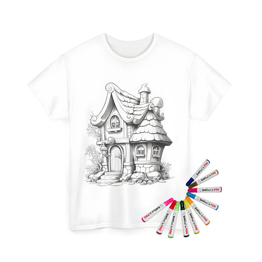 Whimsical fairytale cottage t-shirt design featuring a detailed stone wall coloring page, charming garden, and arched door illustration