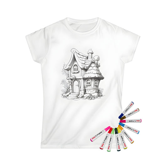 Women's T-shirt featuring a whimsical fairytale cottage coloring page design with detailed stone walls, shingled roof, charming garden, and arched door. Perfect for fans of fantasy, romance, and creativity.