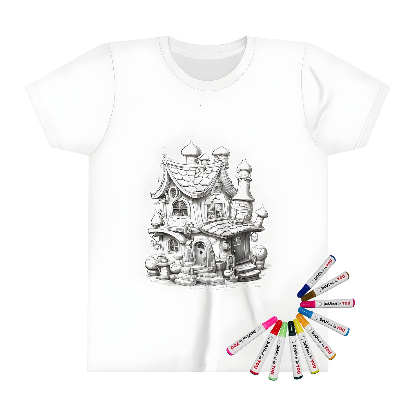 Whimsical house themed t-shirt for kids, featuring colorful chimneys, round rooftops and a magical structure