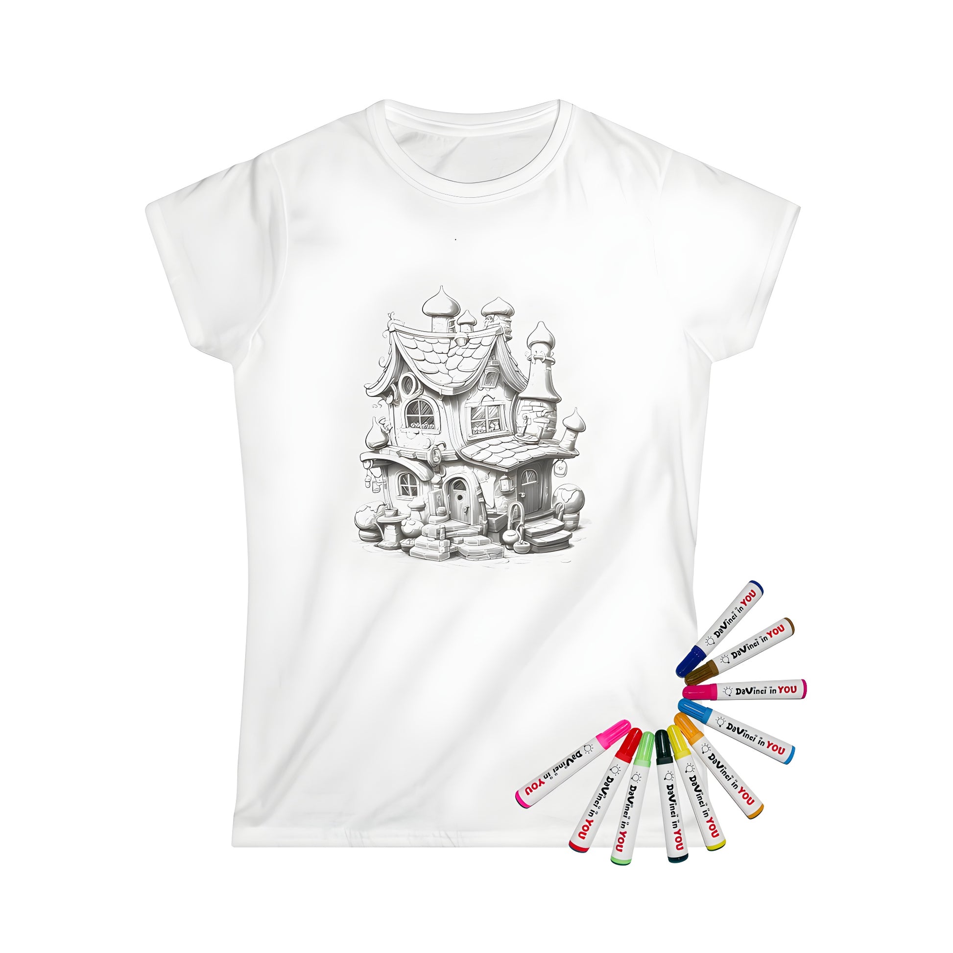 Women's t-shirt with whimsical house design featuring chimneys and fairytale-like structure. Perfect for fantasy lover who wants to express themselves through fashion.