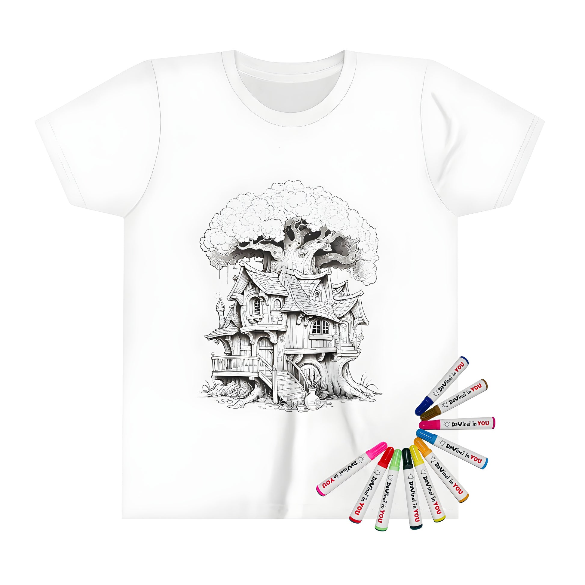 Coloring page-inspired kid's t-shirt featuring a whimsical fantasy treehouse design