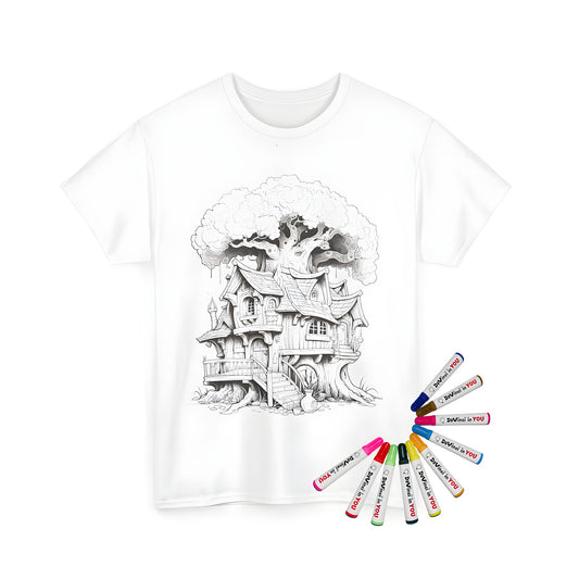 Colorful unisex t-shirt with detailed fantasy treehouse illustration featuring multiple windows, porch, and foliage