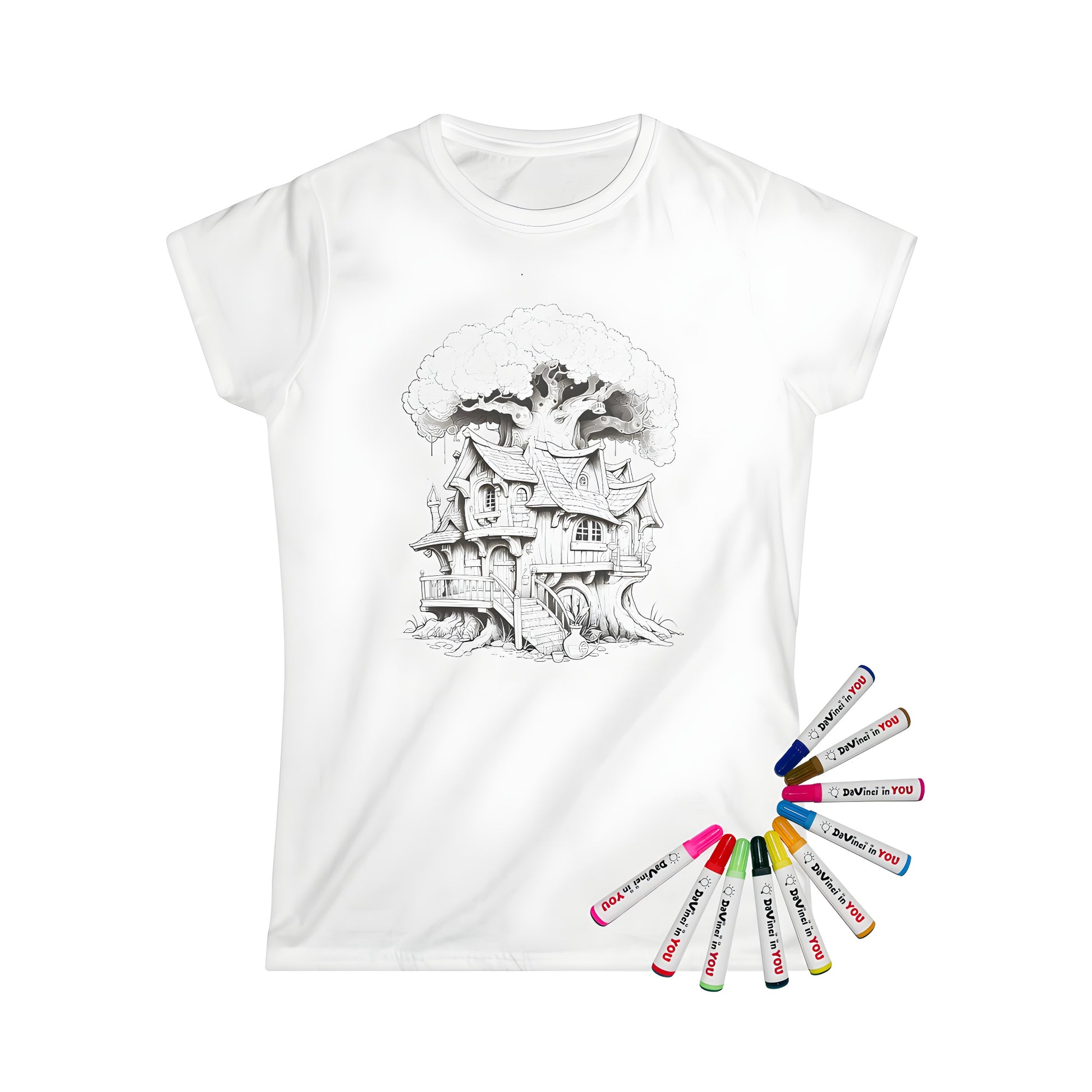 Women's T-shirt featuring a whimsical fantasy house built around a tree, complete with intricate details and colors